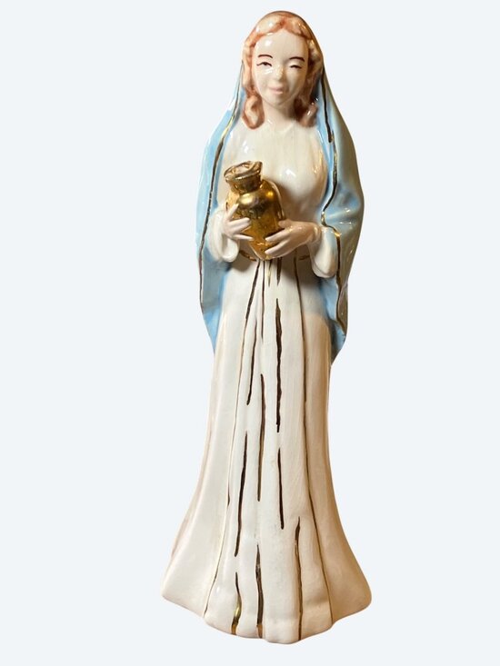 None Other - Lady Madonna Ceramic Figurine 9.25" Tall Hand painted Gold Colored Trim